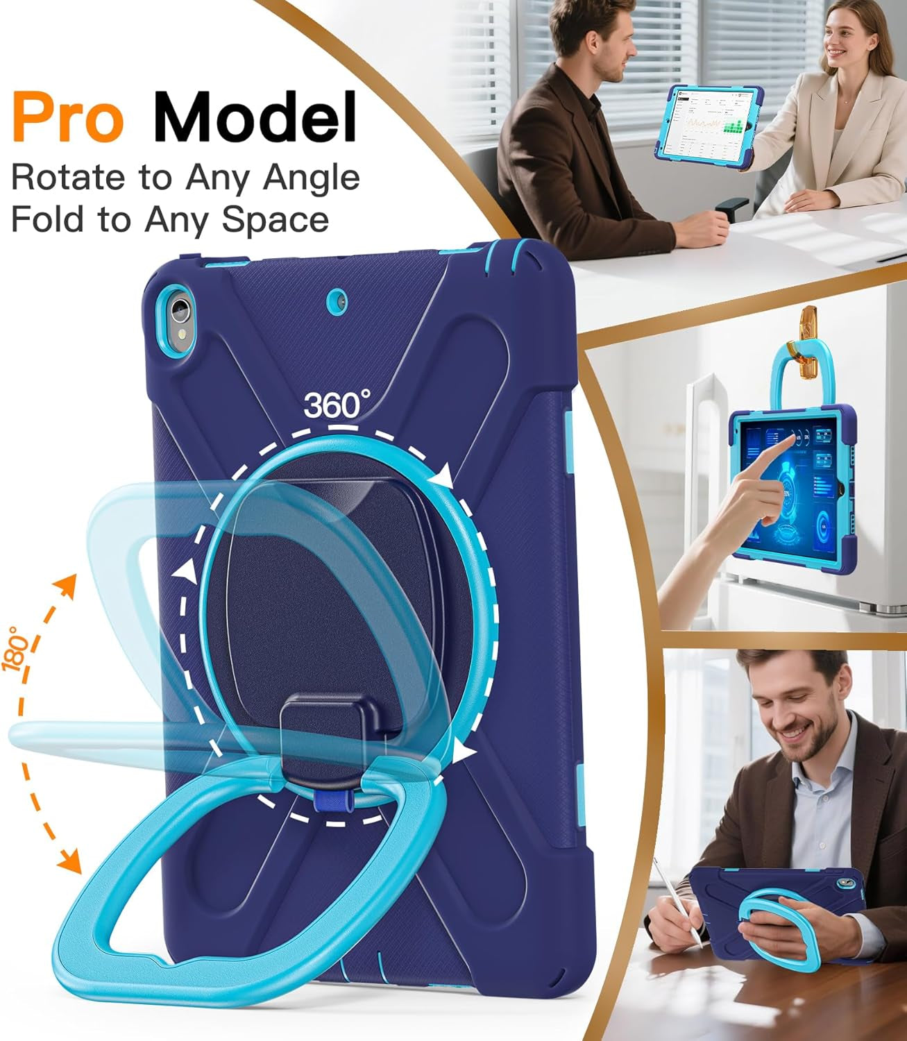 Ipad Pro 10.5 Case 2017 Released/Ipad Air 3Rd Generation Case 2019 Release; Rugged Heavy Duty Protective Cover with Pencil Holder, 360° Swivel Stand, Shoulder Strap; for Kids (Navy Blue+Blue)