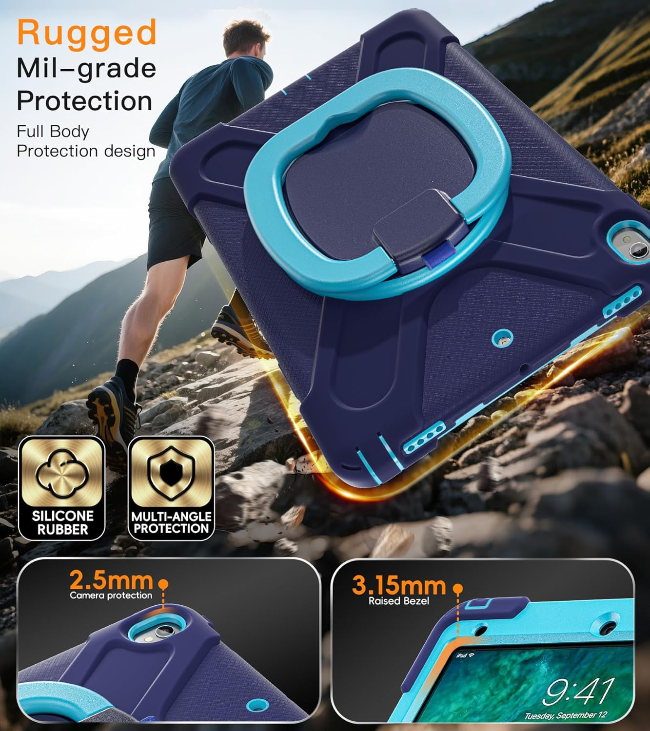 Ipad Pro 10.5 Case 2017 Released/Ipad Air 3Rd Generation Case 2019 Release; Rugged Heavy Duty Protective Cover with Pencil Holder, 360° Swivel Stand, Shoulder Strap; for Kids (Navy Blue+Blue)