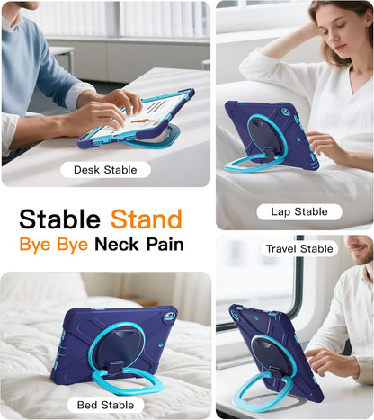 Ipad Pro 10.5 Case 2017 Released/Ipad Air 3Rd Generation Case 2019 Release; Rugged Heavy Duty Protective Cover with Pencil Holder, 360° Swivel Stand, Shoulder Strap; for Kids (Navy Blue+Blue)